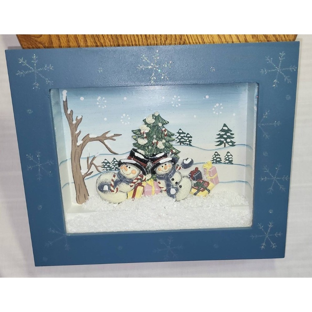Shadow Box Christmas Playful Snowmen Winter Holiday Scene Blue Frame